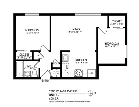 Floor plan for 2 beds, 1 bath, 600 sqft